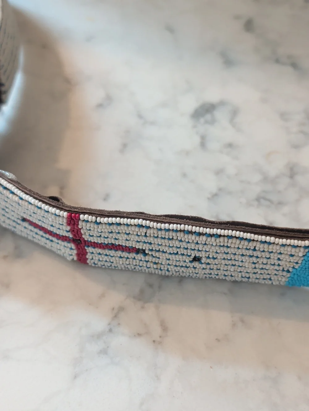 Hand Beaded Blue Leather Belt with Cross Detail